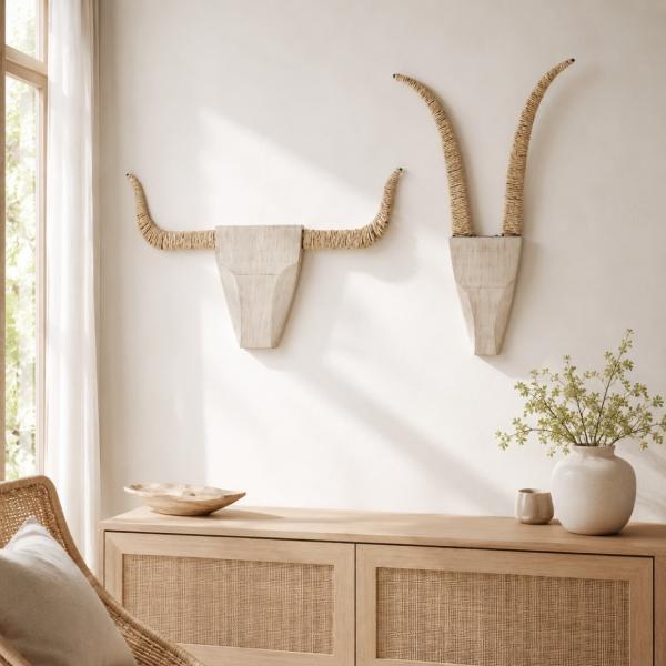 J-Line Wanddekoration „Bull“, weiß/natur, 65 cm, 2er-Set