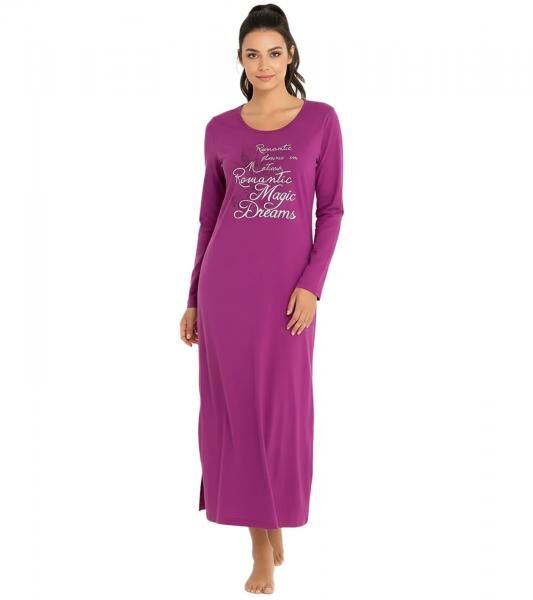 langes Damen Nacht-Kleid Pyjama mit Schlitz Nachthemd mit Statement-Print Baumwoll-Kleid 933148 Violett