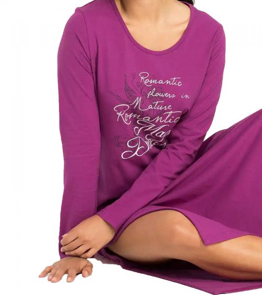 langes Damen Nacht-Kleid Pyjama mit Schlitz Nachthemd mit Statement-Print Baumwoll-Kleid 933148 Violett