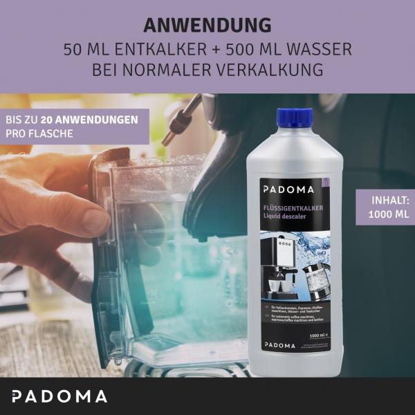 PADOMA Flüssigentkalker 1000 ml für Kaffeemaschine Kaffeevollautomat Wasserkocher Geschirrspüler Entkalker 1 Liter