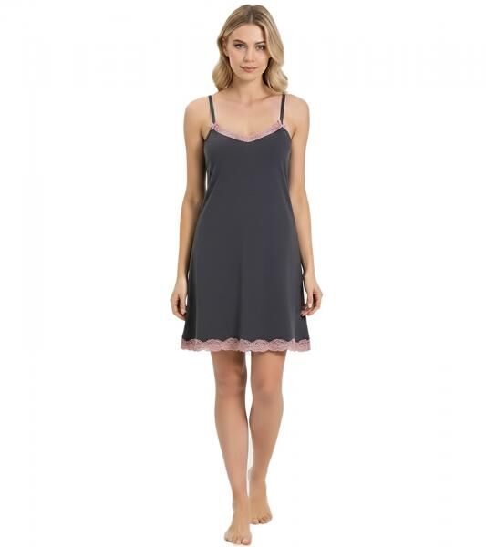 schm&uuml;ckendes Damen Nachthemd Pyjama mit zarter Spitze und Schleifen Nacht-Kleid Baumwoll-Kleid 927280 Grau/Rosa