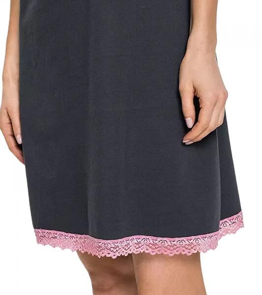 schm&uuml;ckendes Damen Nachthemd Pyjama mit zarter Spitze und Schleifen Nacht-Kleid Baumwoll-Kleid 927280 Grau/Rosa