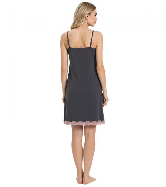 schm&uuml;ckendes Damen Nachthemd Pyjama mit zarter Spitze und Schleifen Nacht-Kleid Baumwoll-Kleid 927280 Grau/Rosa