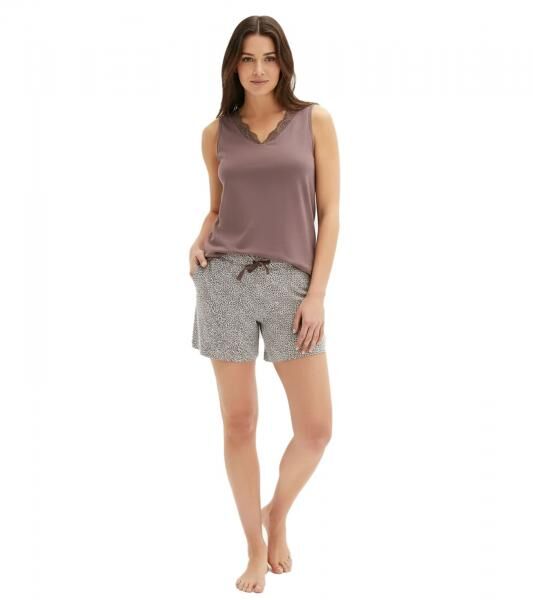 trendiger Damen 2-teiliger Pyjama Baumwoll-Shorty mit Punkten und Spitze kurzes Schlafanzug-Set 959182 Braun/Grau