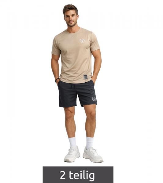 2-teiliges ON THAT ASS Bolt Herren Sport-Set Performance Set Gym Outfit mit T-Shirt & Shorts Camel/Schwarz 
