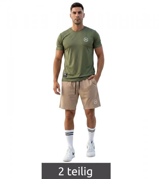 2-teiliges ON THAT ASS Bolt Herren Sport-Set Performance Set Gym Outfit mit T-Shirt & Shorts Gr&uuml;n/Beige 