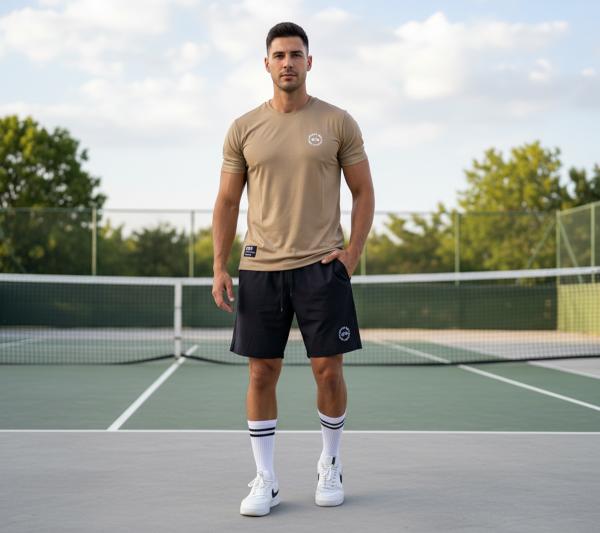 2-teiliges ON THAT ASS Bolt Herren Sport-Set Performance Set Gym Outfit mit T-Shirt & Shorts Camel/Schwarz 
