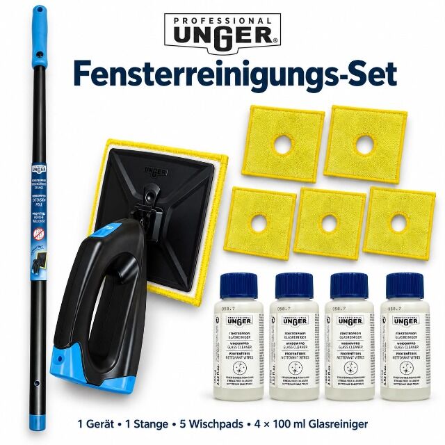 Fensterreiniger Profi Set Original Unger Komplettset 1 Unger Gerät 1 Unger Verlängerungsstange 5 Gelbe Wischpads 4 Glasreiniger Flaschen