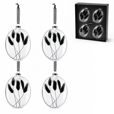 J-Line Weihnachtskugeln aus Glas, oval, mit getrocknetem Zweig, schwarz, 16 cm, 4er-Set
