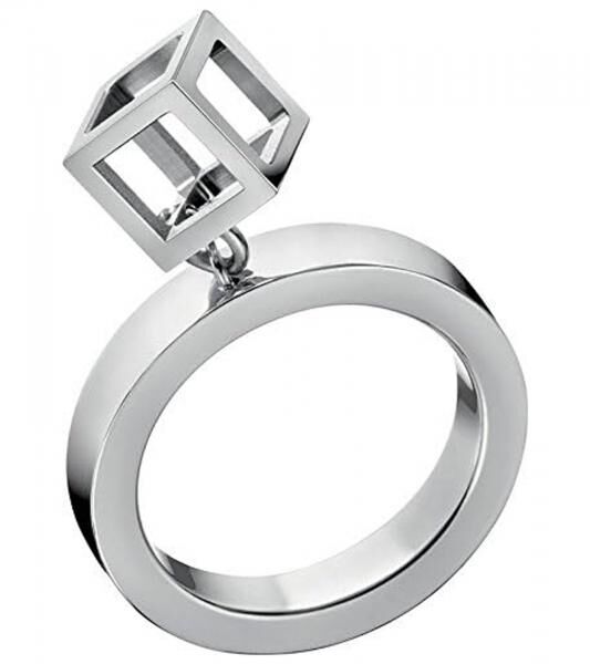 Zeitloser Calvin Klein Damen Ring mit W&uuml;rfelanh&auml;nger Edelstahl-Ring Finger-Ring Gr&ouml;&szlig;e 6 KJ3HMR00010 Silber