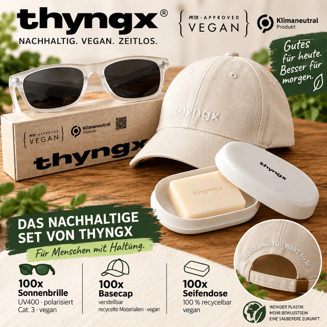 300 Teile thyngx Posten: 100 Sonnenbrillen + 100 Caps + 100 Seifendosen vegan