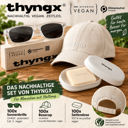 300-piece thyngx order: 100 pairs of sunglasses + 100 caps + 100 vegan soap tins