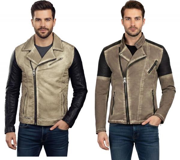 L&auml;ssige Herren Biker-Jacke Washed Design mit Kunstleder &Auml;rmeln Slim Fit &Uuml;bergangs-Jacke in Beige oder Camel