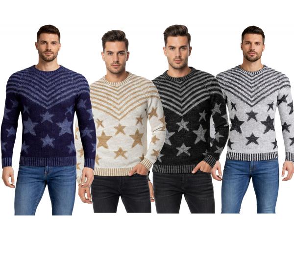 Modischer Herren Rundhals-Pullover im "USA Stars & Stripes"-Design Strick-Sweater 6263 in Blau, Beige, Schwarz oder Grau