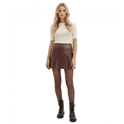 lässiger Damen Mini-Rock Echtleder-Imitat mit Kellerfalten Kunstleder-Rock 956781 Braun
