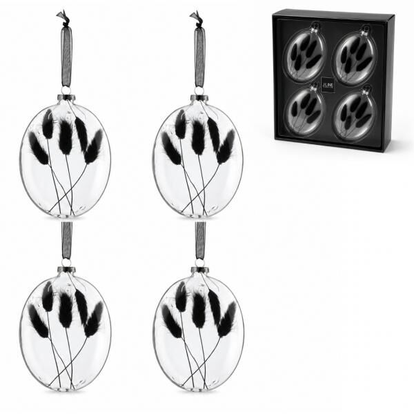 J-Line Weihnachtskugeln aus Glas, oval, mit getrocknetem Zweig, schwarz, 16 cm, 4er-Set