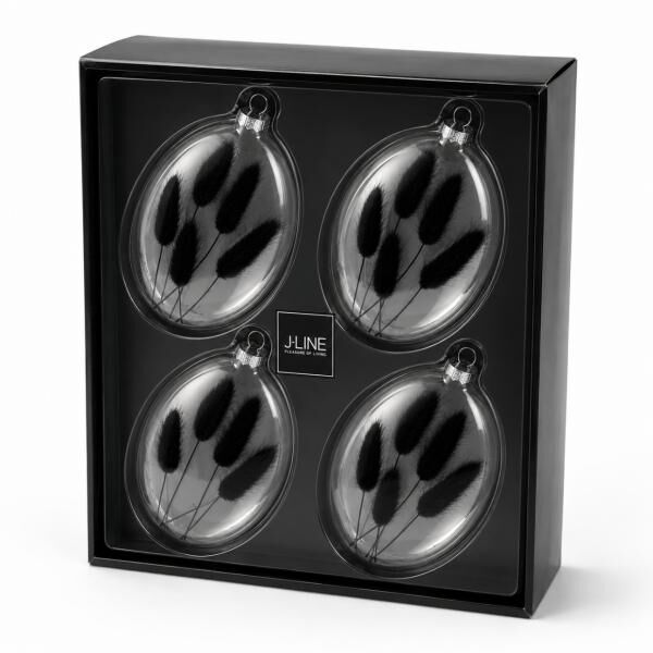 J-Line Weihnachtskugeln aus Glas, oval, mit getrocknetem Zweig, schwarz, 16 cm, 4er-Set