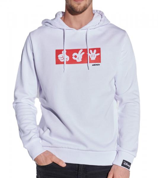 COURSE Mickey Mouse Herren Hoodie mit Mickey-Hand-Print und Patch Kapuzen-Pullover Baumwoll-Sweater 4845 Wei&szlig;