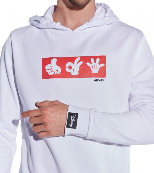 COURSE Mickey Mouse Herren Hoodie mit Mickey-Hand-Print und Patch Kapuzen-Pullover Baumwoll-Sweater 4845 Wei&szlig;