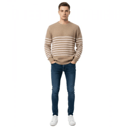 Stylischer ESPRIT Herren Strick-Pullover mit Streifen Rundhals-Sweater Baumwoll-Pullover Khaki/Rosa