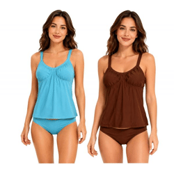 2-teiliges Damen Tankini-Set Badekleidung mit gefütterten Cups Tankini Top und Slip für Strand & Sommer in Blau oder Braun