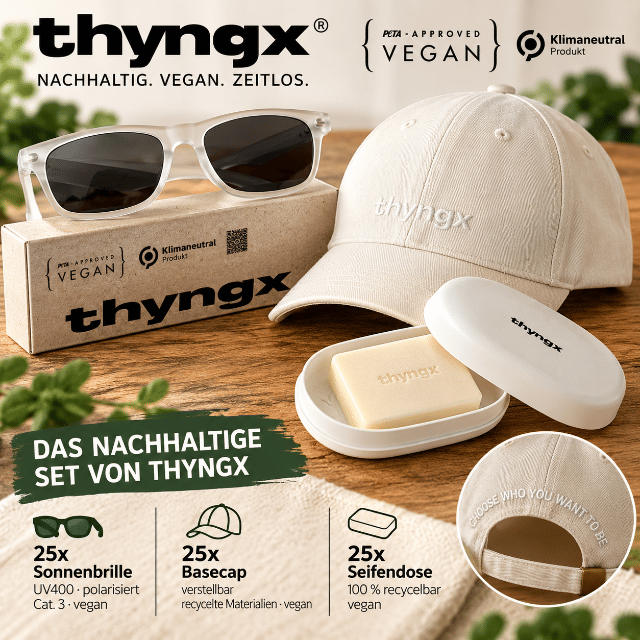 75 Teile thyngx Posten: 25 Sonnenbrillen + 25 Caps + 25 Seifendosen vegan