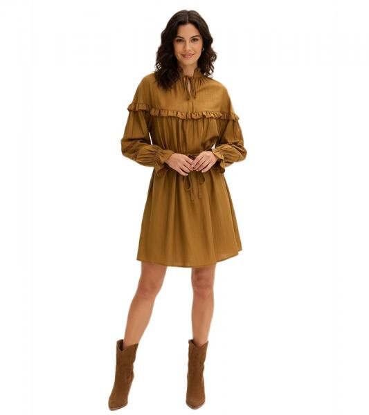zartes Damen Tunika-Kleid aus flie&szlig;ender Viskose mit R&uuml;schen und Bindeband 906791 Braun