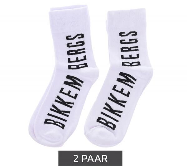 2 Paar BIKKEMBERGS Herren Freizeit-Socken mit Marken Print Baumwoll-Str&uuml;mpfe BK_061 Wei&szlig;/Schwarz