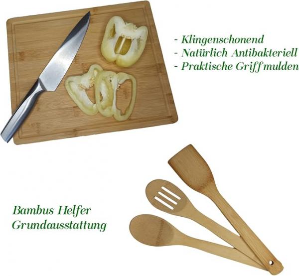 Bambus Schneidebrett Set - Küchenbrett Saftrille Griffmulde Öko Inkl. Pfannenwender und Salatbesteck, antibakteriell, messerschonend,  für G