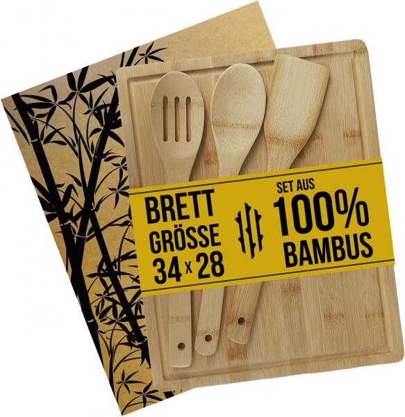 Bambus Schneidebrett Set - Küchenbrett Saftrille Griffmulde Öko Inkl. Pfannenwender und Salatbesteck, antibakteriell, messerschonend,  für G
