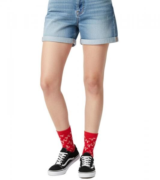 1 Paar Happy Socks Bow Damen Socken mit Allover Schleifen-Print Baumwoll-Socken Alltags-Str&uuml;mpfe P001532 Rot/Bunt