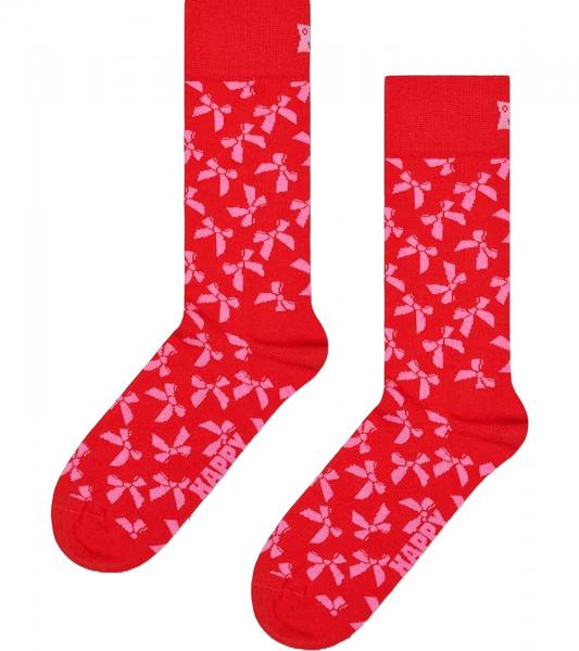1 Paar Happy Socks Bow Damen Socken mit Allover Schleifen-Print Baumwoll-Socken Alltags-Str&uuml;mpfe P001532 Rot/Bunt
