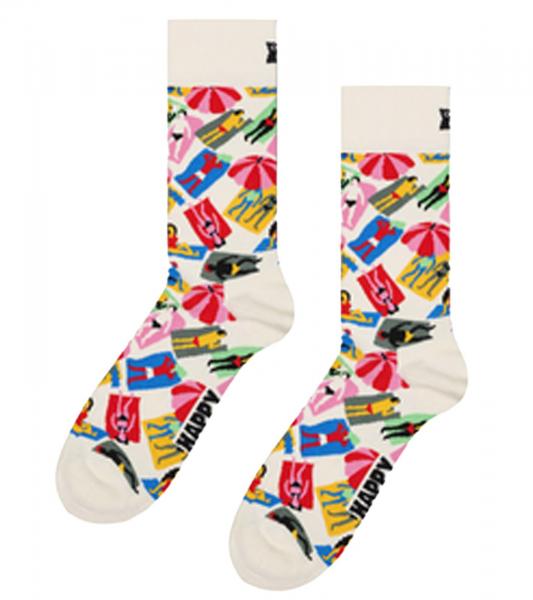 1 Paar Happy Socks Happy Lazy Day Damen Socken mit Allover Strand-Print Baumwoll-Socken Alltags-Str&uuml;mpfe P002600 Wei&szlig;/Bunt