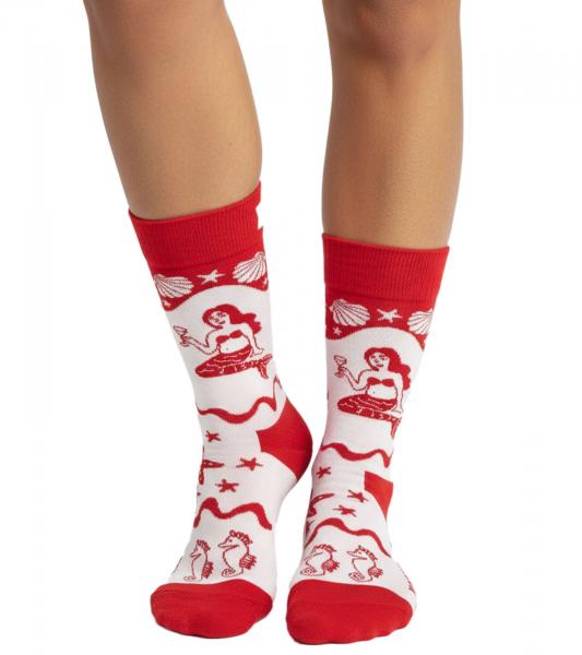 1 Paar Happy Socks Happy Mermaid Damen Socken Allover-Print mit Meeresmotiven Baumwoll-Socken Alltags-Str&uuml;mpfe P002596 Wei&szlig;/Rot