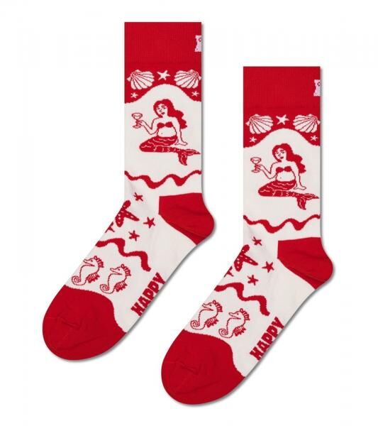 1 Paar Happy Socks Happy Mermaid Damen Socken Allover-Print mit Meeresmotiven Baumwoll-Socken Alltags-Str&uuml;mpfe P002596 Wei&szlig;/Rot