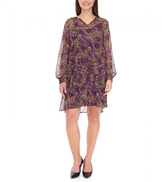 Aniston CASUAL Damen Kleid mit Allover-Blumen-Print Langarm-Kleid 24704960 Lila/Gelb/Gr&uuml;n