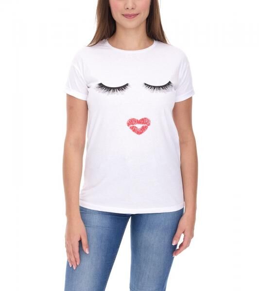 COURSE Damen T-Shirt mit Kussmund-Aufdruck Sommer-Shirt Baumwoll-Oberteil Freizeit-Shirt 900069 Wei&szlig;