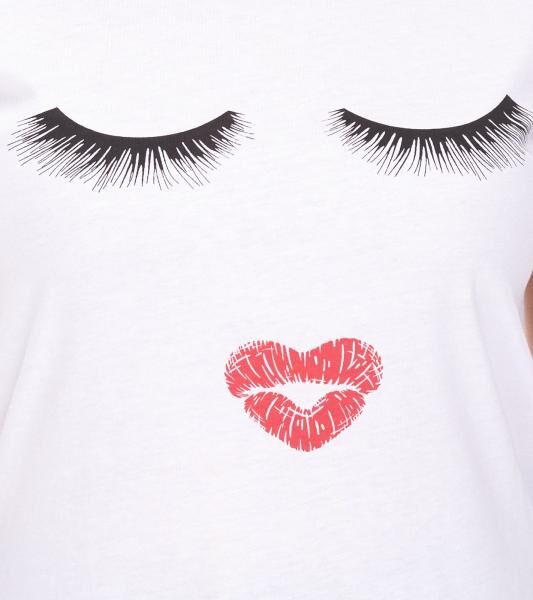 COURSE Damen T-Shirt mit Kussmund-Aufdruck Sommer-Shirt Baumwoll-Oberteil Freizeit-Shirt 900069 Wei&szlig;