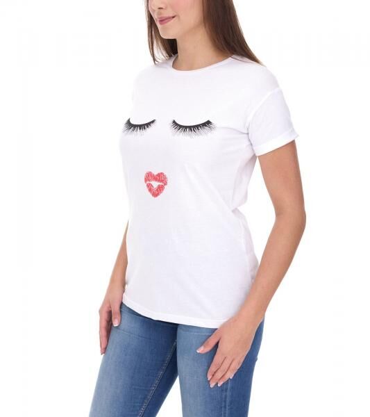 COURSE Damen T-Shirt mit Kussmund-Aufdruck Sommer-Shirt Baumwoll-Oberteil Freizeit-Shirt 900069 Wei&szlig;