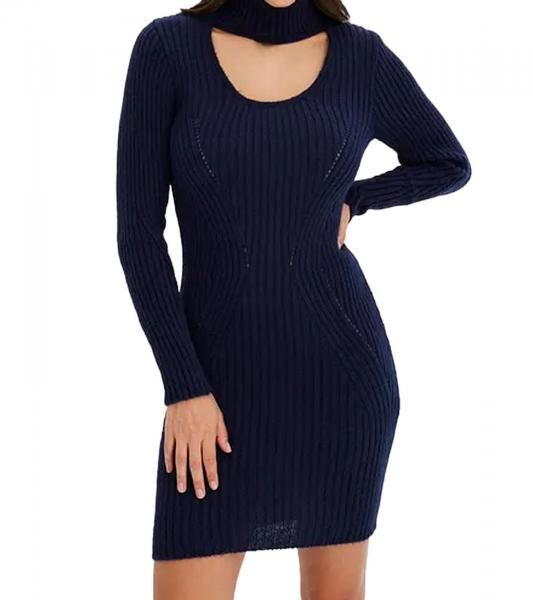 Damen Strick-Kleid Mini-Kleid mit Rollkragen und Ausschnittdetails Langarm-Kleid 960726 Dunkelblau