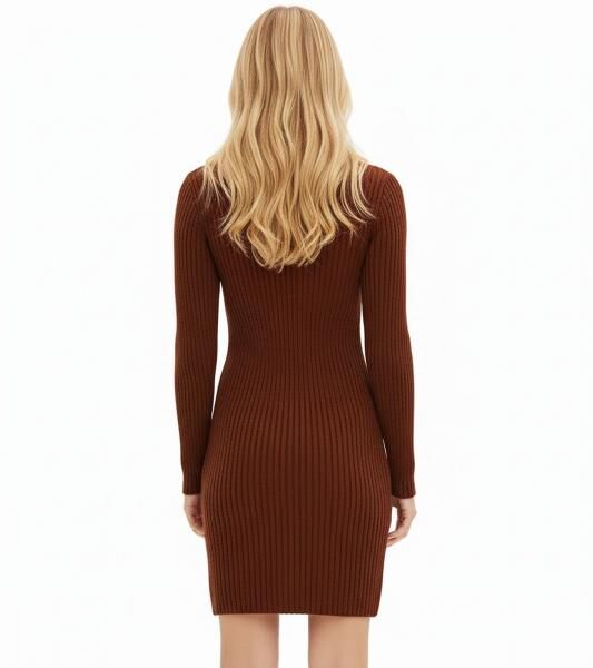Damen Strick-Kleid Mini-Kleid mit Rollkragen und Ausschnittdetails Langarm-Kleid 979792 Mahagoni-Braun