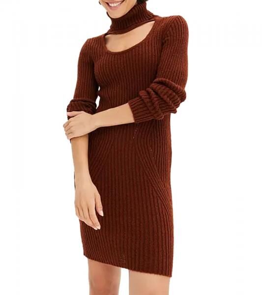 Damen Strick-Kleid Mini-Kleid mit Rollkragen und Ausschnittdetails Langarm-Kleid 979792 Mahagoni-Braun