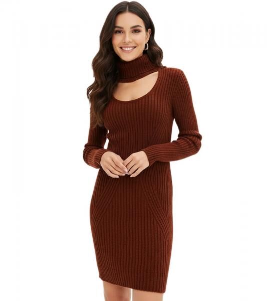 Damen Strick-Kleid Mini-Kleid mit Rollkragen und Ausschnittdetails Langarm-Kleid in Mahagoni-Braun oder Dunkel-Blau