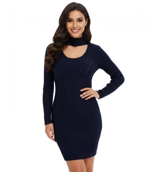 Damen Strick-Kleid Mini-Kleid mit Rollkragen und Ausschnittdetails Langarm-Kleid in Mahagoni-Braun oder Dunkel-Blau