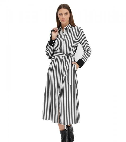 klassisches Damen Midi-Kleid Hemdblusen-Kleid im Streifen-Design Baumwoll-Kleid 934129 Schwarz/Wei&szlig;