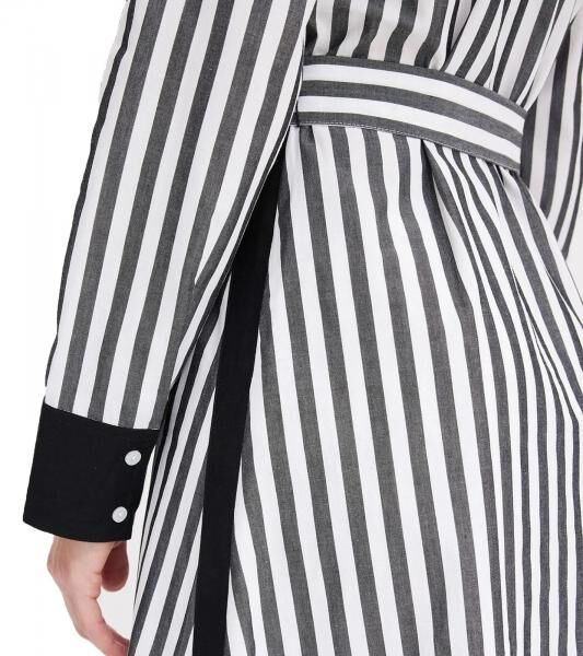 klassisches Damen Midi-Kleid Hemdblusen-Kleid im Streifen-Design Baumwoll-Kleid 934129 Schwarz/Wei&szlig;
