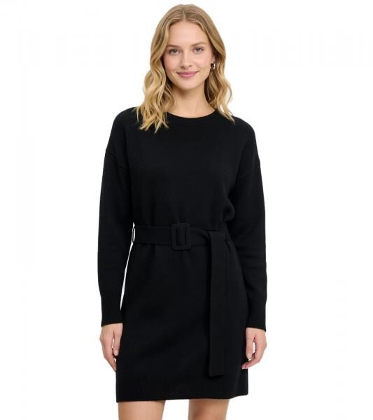kuscheliges Damen Strick-Kleid lang&auml;rmliges Mini-Kleid mit G&uuml;rtel 921406 Schwarz