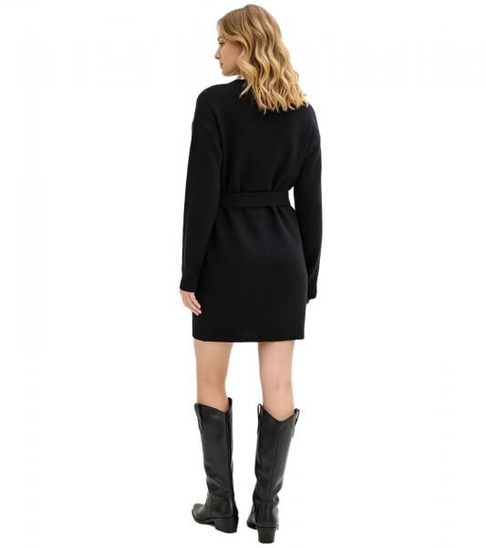 kuscheliges Damen Strick-Kleid lang&auml;rmliges Mini-Kleid mit G&uuml;rtel 921406 Schwarz