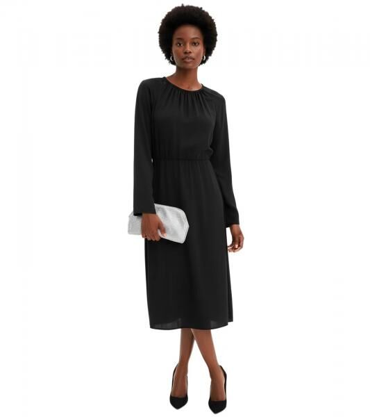 Minimalistisches Damen Satin-Kleid mit langen &Auml;rmeln Maxi-Kleid 911211 Schwarz 