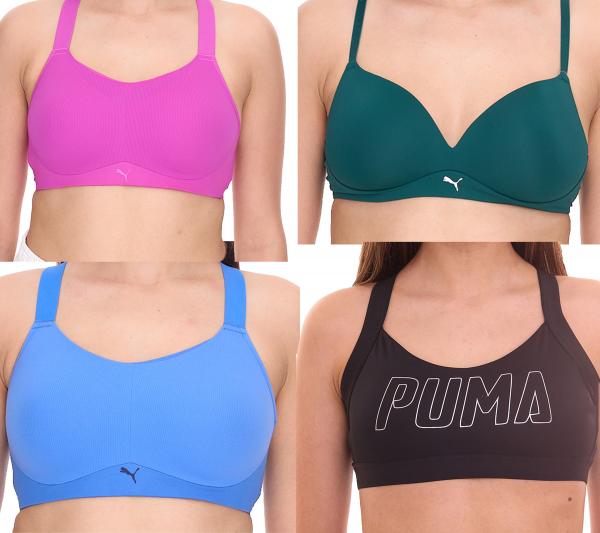 PUMA Damen Sport-BH sitzender Trainings-Bustier Soft Bra in Gr&uuml;n, Active Bra in Pink oder Blau, Training Bra in Schwarz